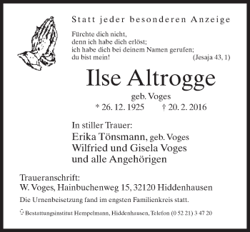 Traueranzeige von Ilse Altrogge von Neue Westfälische