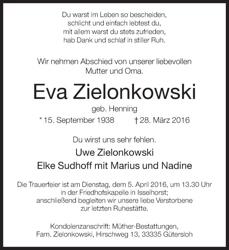  Traueranzeige für Eva Zielonkowski vom 31.03.2016 aus Neue Westfälische