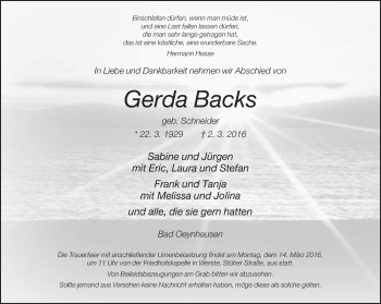 Traueranzeige von Gerda Backs