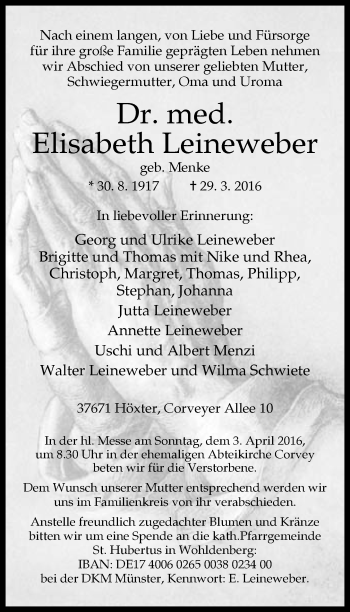 Traueranzeige von Elisabeth Leineweber von Neue Westfälische