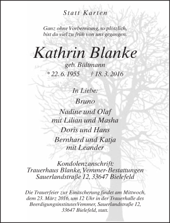 Traueranzeige von Kathrin Blanke von Neue Westfälische