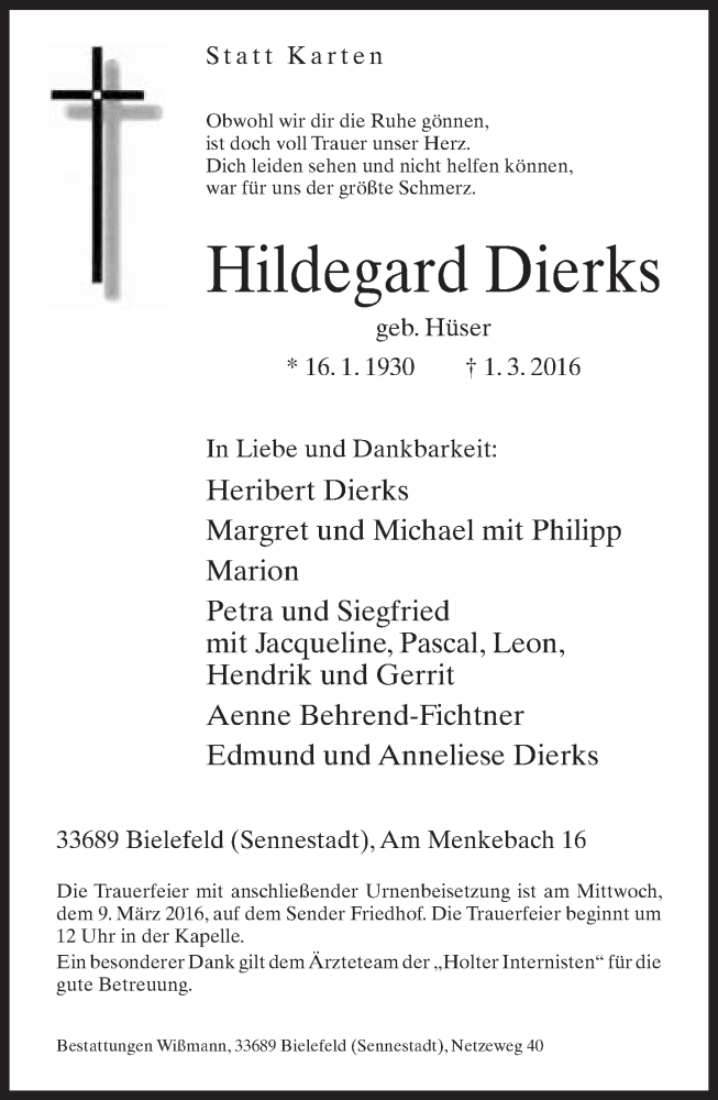  Traueranzeige für Hildegard Dierks vom 05.03.2016 aus Neue Westfälische