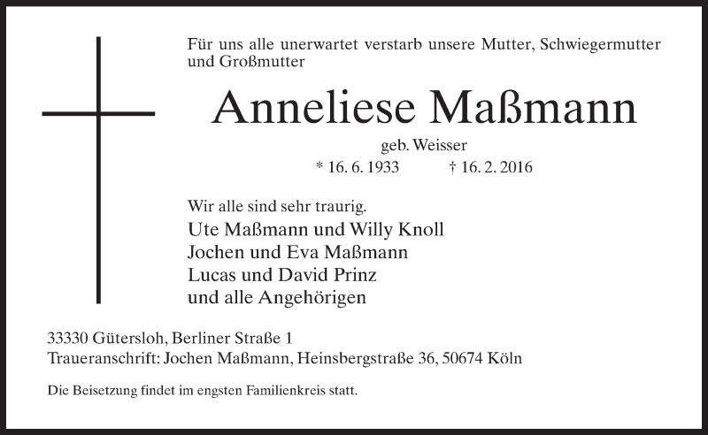  Traueranzeige für Anneliese Maßmann vom 12.03.2016 aus Neue Westfälische