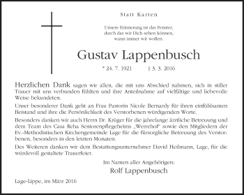 Traueranzeige von Gustav Lappenbusch von Neue Westfälische