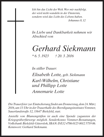 Traueranzeige von Gerhard Siekmann von Neue Westfälische
