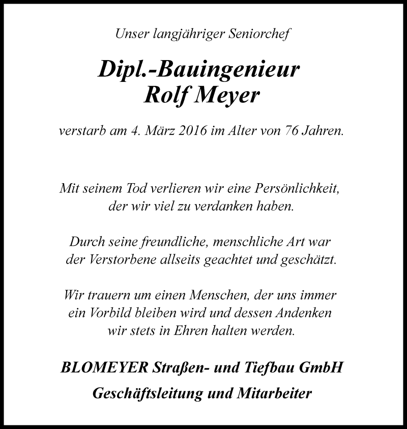  Traueranzeige für Rolf Meyer vom 07.03.2016 aus Neue Westfälische