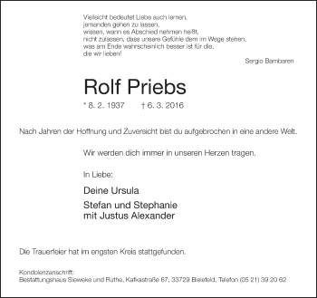 Traueranzeige von Rolf Priebs