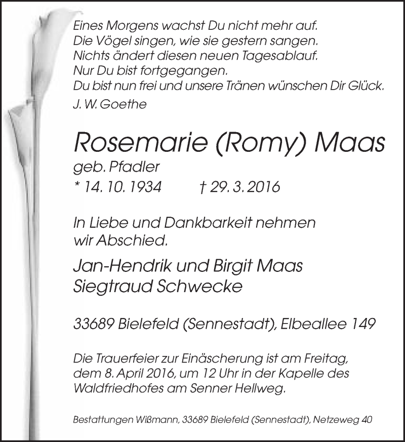  Traueranzeige für Rosemarie Maas vom 02.04.2016 aus Neue Westfälische