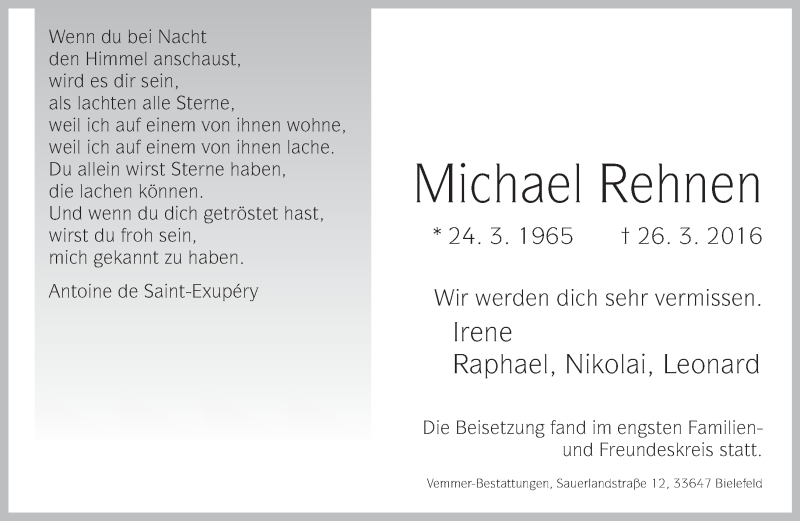  Traueranzeige für Michael Rehnen vom 09.04.2016 aus Neue Westfälische
