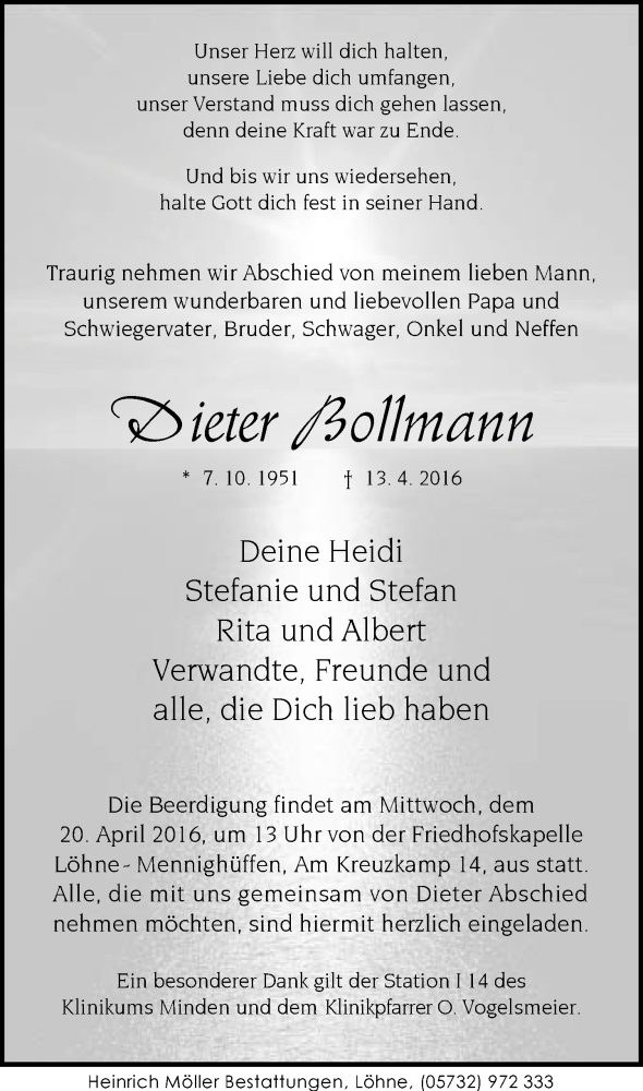  Traueranzeige für Dieter Bollmann vom 16.04.2016 aus Neue Westfälische