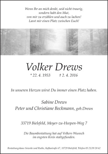 Traueranzeige von Volker Drews