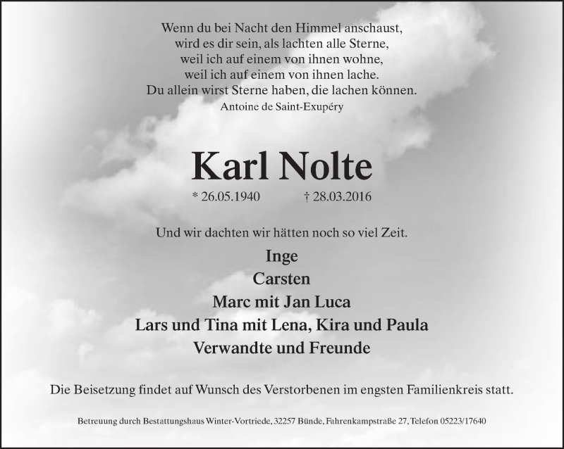  Traueranzeige für Karl Nolte vom 02.04.2016 aus Neue Westfälische