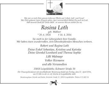 Traueranzeige von Rosina Loth