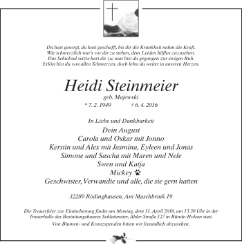 Traueranzeige von Heidi Steinmeier von Neue Westfälische