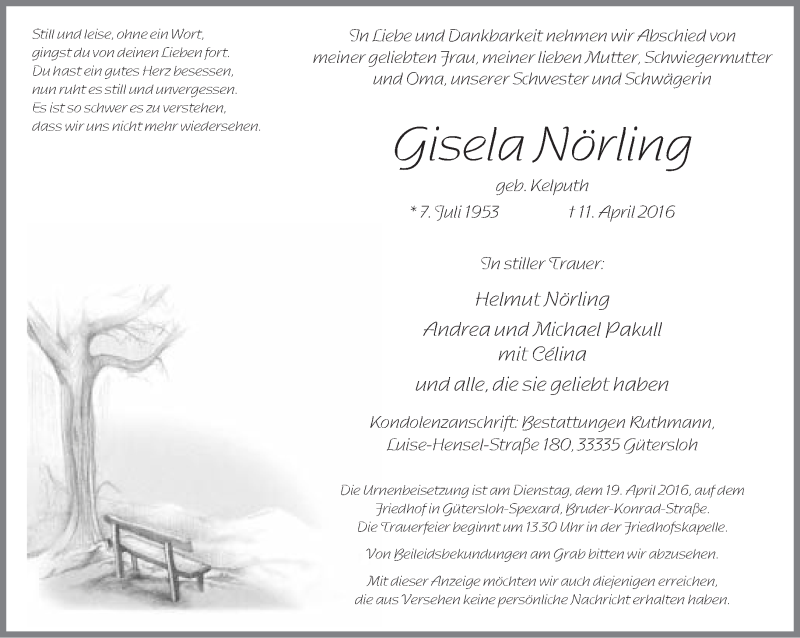  Traueranzeige für Gisela Nörling vom 16.04.2016 aus Neue Westfälische