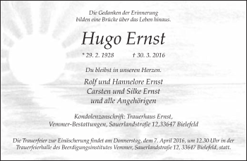 Traueranzeige von Hugo Ernst von Neue Westfälische