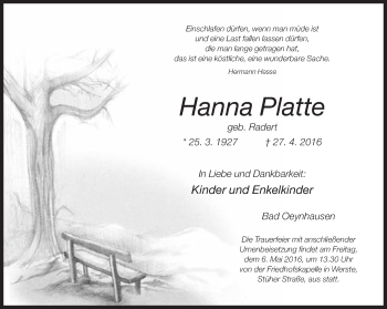 Traueranzeige von Hanna Platte