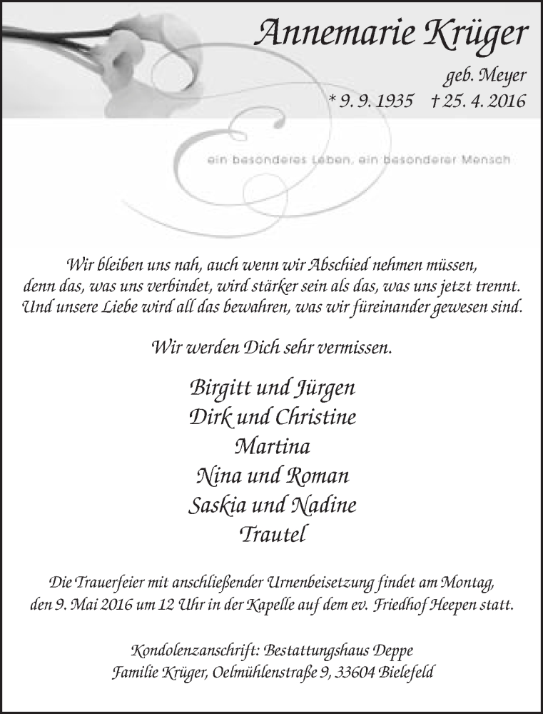  Traueranzeige für Annemarie Krüger vom 30.04.2016 aus Neue Westfälische