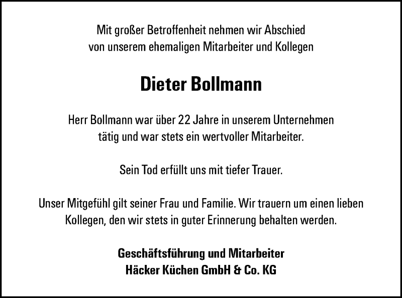  Traueranzeige für Dieter Bollmann vom 18.04.2016 aus Neue Westfälische