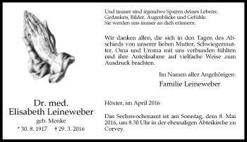 Traueranzeige von Elisabeth Leineweber von Neue Westfälische