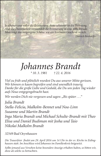 Traueranzeige von Johannes Brandt