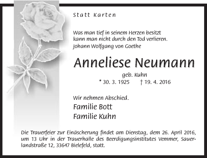  Traueranzeige für Anneliese Neumann vom 23.04.2016 aus Neue Westfälische