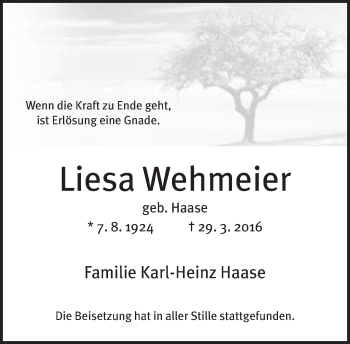 Traueranzeige von Liesa Wehmeier von Neue Westfälische
