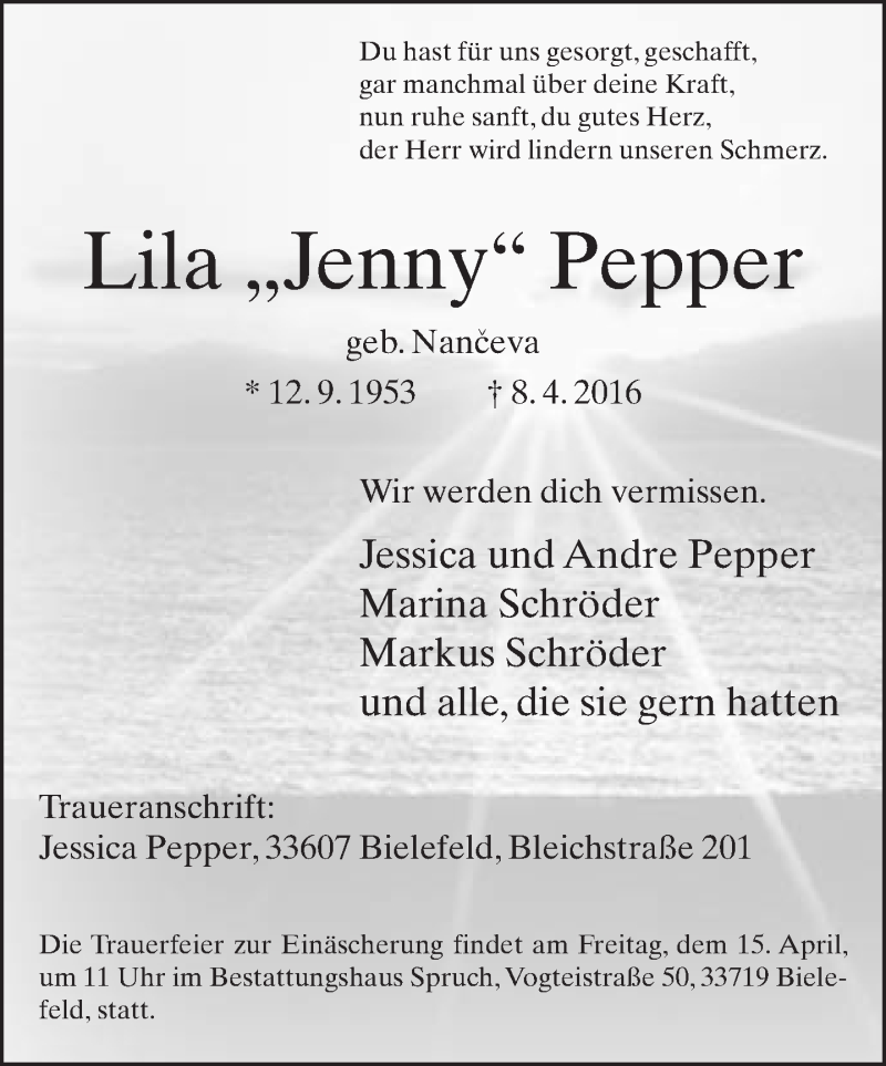  Traueranzeige für Lila Pepper vom 12.04.2016 aus Neue Westfälische