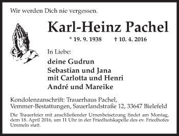 Traueranzeige von Karl-Heinz Pachel von Neue Westfälische