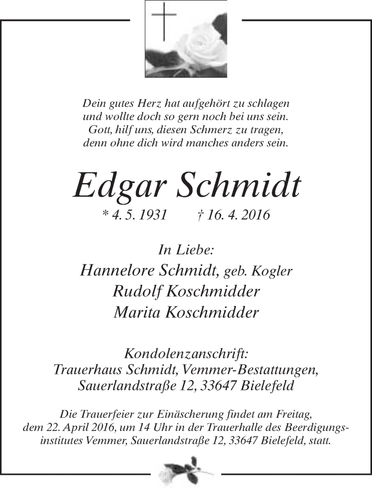  Traueranzeige für Edgar Schmidt vom 19.04.2016 aus Neue Westfälische