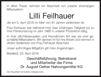 Traueranzeige von Lilli Feilhauer von Neue Westfälische