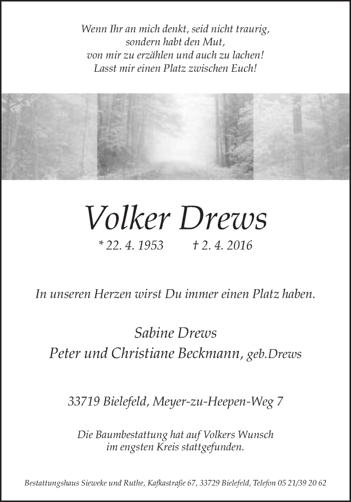  Traueranzeige für Volker Drews vom 16.04.2016 aus Neue Westfälische