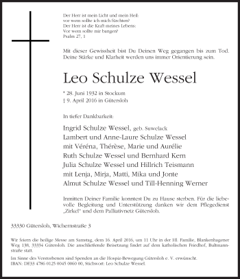 Traueranzeige von Leo Schulze Wessel von Neue Westfälische