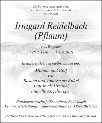 Traueranzeige von Irmgard Reidelbach von Neue Westfälische