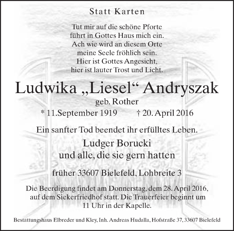 Traueranzeige für Ludwika Andryszak vom 23.04.2016 aus Neue Westfälische