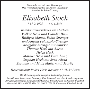 Traueranzeige von Elisabeth Stock von Neue Westfälische