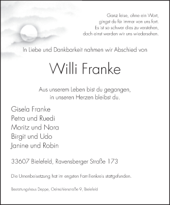 Traueranzeige von Willi Franke von Neue Westfälische