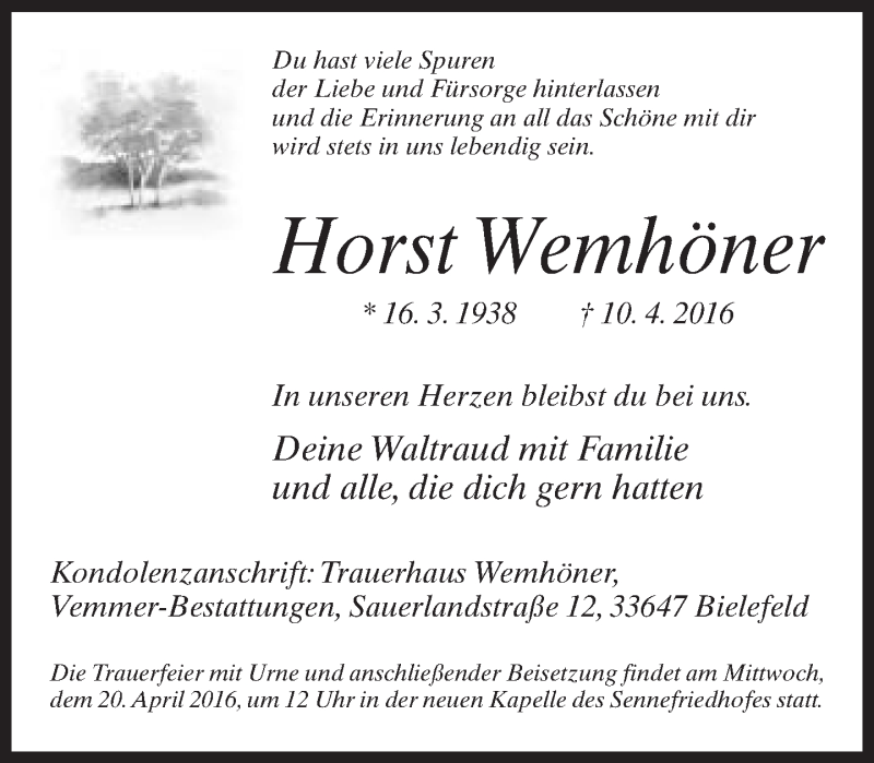  Traueranzeige für Horst Wemhöner vom 16.04.2016 aus Neue Westfälische