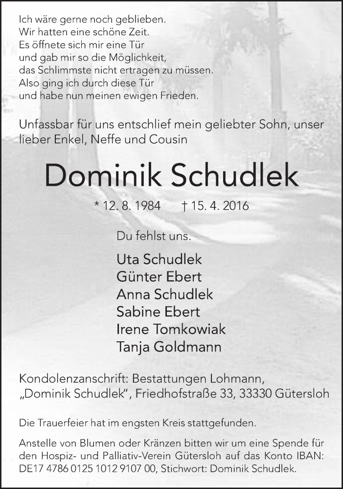  Traueranzeige für Dominik Schudlek vom 23.04.2016 aus Neue Westfälische