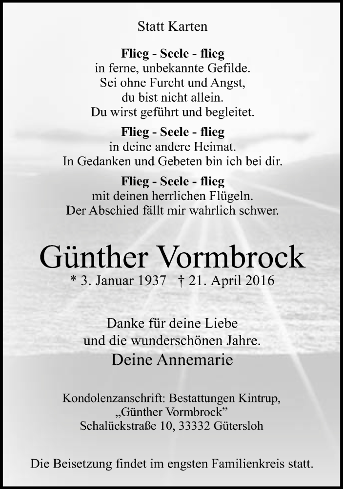  Traueranzeige für Günther Vormbrock vom 23.04.2016 aus Neue Westfälische