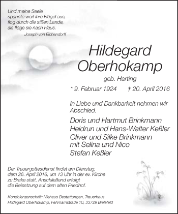 Traueranzeige von Hildegard Oberhokamp von Neue Westfälische