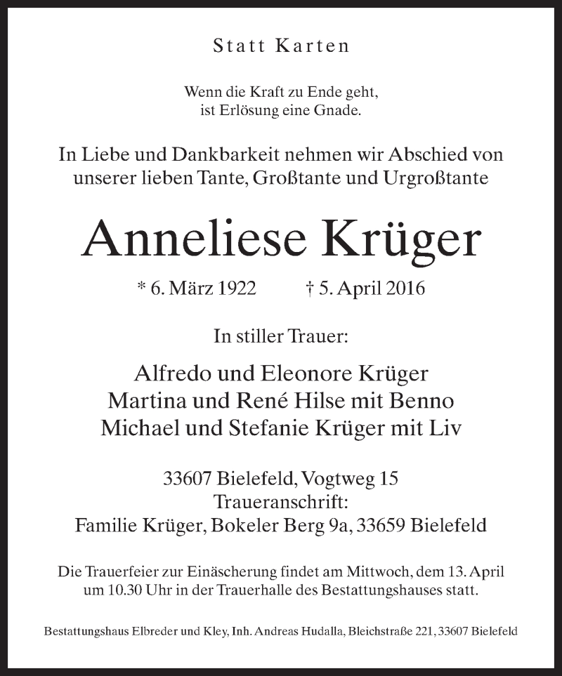  Traueranzeige für Anneliese Krüger vom 09.04.2016 aus Neue Westfälische