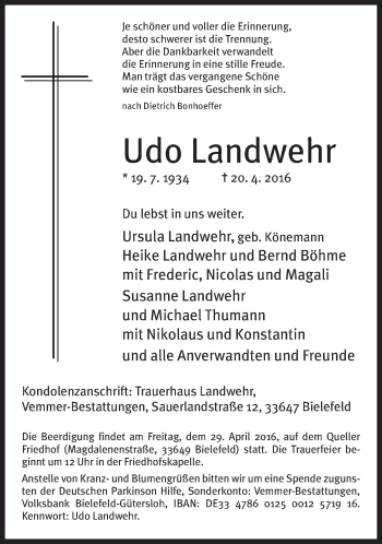 Traueranzeige von Udo Landwehr von Neue Westfälische
