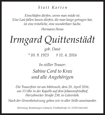Traueranzeige von Irmgard Quittenstädt von Neue Westfälische