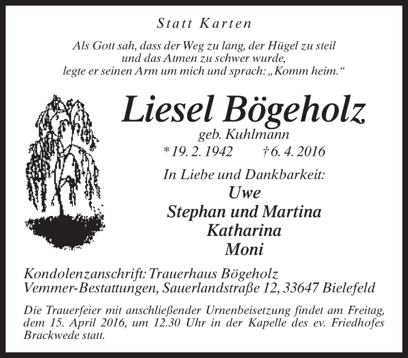  Traueranzeige für Liesel Bögeholz vom 09.04.2016 aus Neue Westfälische