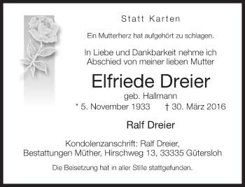 Traueranzeige von Elfriede Dreier von Neue Westfälische
