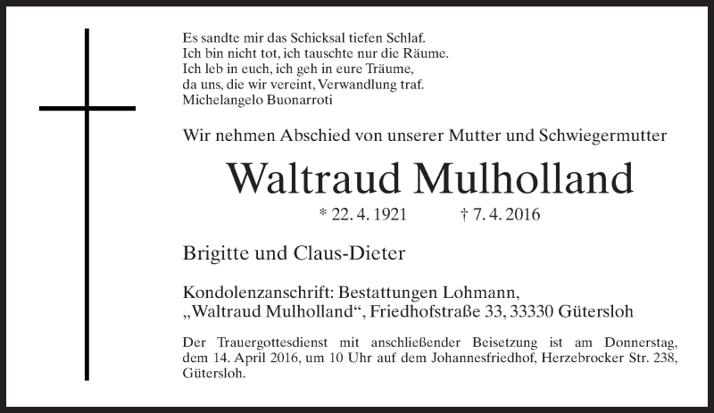  Traueranzeige für Waltraud Mulholland vom 12.04.2016 aus Neue Westfälische