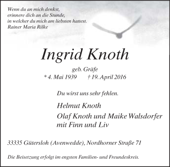 Traueranzeige von Ingrid Knoth von Neue Westfälische
