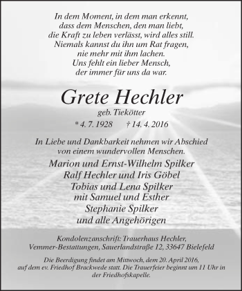 Traueranzeige von Grete Hechler von Neue Westfälische