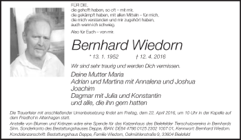 Traueranzeige von Bernhard Wiedorn von Neue Westfälische